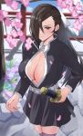  1girl absurdres alternate_costume black_hair breasts brown_eyes cleavage cosplay dress fire_emblem fire_emblem_fates hair_over_one_eye highres kagero_(fire_emblem) kanroji_mitsuri kanroji_mitsuri_(cosplay) kimetsu_no_yaiba large_breasts long_hair long_sleeves looking_at_viewer peli_cantaro ponytail serious sheath sheathed short_dress solo sword weapon zettai_ryouiki 