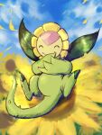  1other absurdres blue_sky blurry blurry_background closed_eyes day digimon digimon_(creature) falling_petals flower full_body highres nigreenwalker no_humans other_focus outdoors petals sky solo sunflower sunflowmon tail yellow_flower 