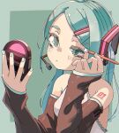  1girl applying_makeup aqua_eyes aqua_hair aqua_nails blush breasts closed_mouth detached_sleeves grey_shirt hair_ornament hairclip hatsune_miku headset highres holding long_hair miminushi shirt simple_background sleeveless sleeveless_shirt sleeves_past_wrists small_breasts solo twintails upper_body vocaloid 