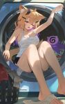  1girl ahoge animal_ears bare_legs bare_shoulders barefoot blonde_hair breasts camisole cleavage colored_inner_hair feet hair_between_eyes highres laundromat laundry legs long_hair looking_at_viewer medium_breasts multicolored_hair one_eye_closed open_mouth purple_hair red_eyes shirt short_shorts shorts shyrei_faolan sitting squchan toenails toes vyugen wet wet_clothes white_shirt 