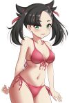  1girl absurdres asymmetrical_bangs bad_hands bikini black_hair breasts collarbone cowboy_shot green_eyes hair_ribbon highres looking_at_viewer maho_(corotonton5150) marnie_(pokemon) navel open_mouth pink_bikini pokemon pokemon_(game) pokemon_swsh ribbon side-tie_bikini_bottom simple_background small_breasts smile solo stomach swimsuit twintails undercut white_background 