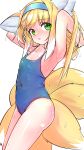  absurdres animal_ear_fluff animal_ears arknights armpits arms_behind_head blonde_hair blue_one-piece_swimsuit breasts covered_navel fox_ears fox_girl fox_tail from_side green_eyes hairband hands_in_hair highres long_hair looking_at_viewer multiple_tails one-piece_swimsuit phi_str school_swimsuit small_breasts suzuran_(arknights) swimsuit tail thighs wet wet_clothes wet_swimsuit 