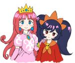  2girls ashley_(warioware) big_hair black_hair blue_eyes blush_stickers bracelet brooch closed_mouth crown dress earrings elbow_gloves gem gloves hair_between_eyes hairband hand_on_another&#039;s_shoulder jaggy_lines jewelry long_hair mario_(series) multiple_girls neckerchief orange_hairband orange_neckerchief pink_dress pink_gloves pink_hair princess princess_shokora puffy_short_sleeves puffy_sleeves red_eyes red_gemstone short_sleeves simple_background skull smile twintails wario_land wario_land_4 warioware white_background yellow_headwear zawabug 