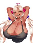  1girl armpits arms_behind_head bare_shoulders black_tank_top blonde_hair blush breasts bursting_breasts cleavage dark-skinned_female dark_skin hair_ornament hanging_breasts hololive hololive_english huge_breasts light_brown_hair limiter_(tsukumo_sana) long_hair makinakid no_bra open_mouth planet_hair_ornament sidelocks simple_background skindentation smile solo tank_top teeth tsukumo_sana twintails upper_body upper_teeth_only very_long_hair virtual_youtuber white_background 