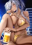  1girl alternate_costume bare_shoulders barefoot beach_chair beer_mug bikini black_nails blurry blurry_background blush bracelet breast_press breasts breasts_apart brown_eyes cameltoe collarbone commentary_request cup dark-skinned_female dark_skin glasses gold_bikini grey_hair groin hair_over_one_eye highres holding holding_cup jewelry kantai_collection knee_up large_breasts long_hair looking_at_viewer mug musashi_(kancolle) navel necklace night night_sky o-ring o-ring_bikini outdoors panties parted_lips revision ring semi-rimless_eyewear sitting sky smile solo spaghetti_strap spread_legs star_(sky) starry_sky swimsuit twintails underwear untied untied_bikini wedding_ring yunamaro 