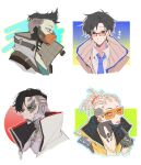  4boys animification apex_legends aqua_shirt barcode bare_pectorals black_eyes black_gloves black_hair black_sclera blonde_hair blue_necktie brown_jacket collared_shirt colored_sclera cornrows crypto_(apex_legends) cyborg four_have. gloves hype_beast_crypto inconspicuous_crypto jacket jewelry looking_ahead looking_at_viewer looking_to_the_side machine_language_crypto male_focus mask middle_finger mohawk mouth_mask multiple_boys multiple_persona necklace necktie official_alternate_costume pectorals profile shirt sunglasses textless_version tongue tongue_out undercut white_jacket white_shirt whitelisted_crypto yellow_eyes 