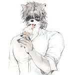  2023 anthro canid clothing ear_piercing eating eating_food eating_ice_cream eye_patch eyewear fur hair hamjjick_0c2 hi_res licking_ice_cream male mammal piercing purple_eyes scar shirt solo topwear white_body white_fur 