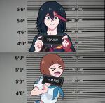  barbie_mugshot_(meme) bowl_cut delinquent erdraw excited highres kill_la_kill mankanshoku_mako matoi_ryuuko meme mugshot multicolored_hair nameplate senketsu short_hair streaked_hair two-tone_hair 