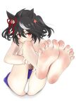  1girl absurdres animal_ears bare_legs barefoot black_hair blue_skirt breasts feet foot_focus full_body hair_ribbon highres horse_ears horse_girl kitasan_black_(umamusume) legs multicolored_hair no_shoes open_mouth red_eyes red_ribbon ribbon shirow_(mha03133) short_hair skirt soles solo streaked_hair toes umamusume 