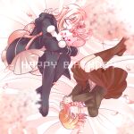  1boy 1girl animal_bag backpack bag bed_sheet bini_(xocolatl_501) black_jacket black_thighhighs blush_stickers brown_hair brown_skirt cat_bag closed_eyes closed_mouth danganronpa:_trigger_happy_havoc danganronpa_(series) danganronpa_2:_goodbye_despair dated ear_bow flipped_hair fujisaki_chihiro galaga green_jacket hair_ornament happy_birthday hood hood_down hooded_jacket jacket long_sleeves lying medium_hair miniskirt monomi_(danganronpa) nanami_chiaki on_side petals pink_bag pleated_skirt short_hair skirt smile thighhighs 