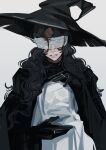  1girl black_gloves black_hair blindfold bridal_gauntlets commentary covered_eyes gloves hat highres jewelry long_hair multiple_rings open_mouth original parted_lips ring simple_background symbol-only_commentary tae teeth upper_body white_background witch_hat 