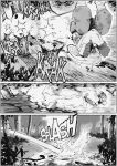  2023 absurd_res anthro black_and_white comic digital_media_(artwork) english_text fight forest hair hare hi_res lagomorph leaf leporid male mammal martial_arts_uniform monochrome motion_lines muscular muscular_male onomatopoeia paws peculiart plant punch rabbit river ruth_(peculiart) solo sound_effects speech_bubble sportswear stig_(peculiart) text training tree water water_splashes wraps 