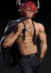  1boy abs arknights bara black_background clothes_on_shoulders cow_horns facial_hair hand_in_pocket highres holding holding_clothes horns humus_(arknights) jewelry looking_at_viewer male_focus necklace necktie pectorals pointy_ears red_eyes red_hair solo topless_male ttk_(kirinottk) undone_necktie veins watch wristwatch 