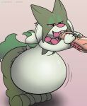  ambiguous_gender anthro belly big_belly fangs foxball fur generation_9_pokemon green_body half-closed_eyes hanging_belly hi_res holding_object inflation meowscarada multicolored_body narrowed_eyes nintendo nude open_mouth pokemon pokemon_(species) simple_background smile solo standing teeth tongue tongue_out 