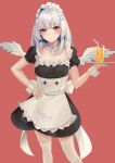  1girl absurdres amane_kanata apron blue_hair blush breasts closed_mouth colored_inner_hair commentary_request cup feathered_wings feet_out_of_frame hand_on_own_hip highres holding holding_tray hololive long_hair looking_at_viewer maid maid_apron maid_headdress multicolored_hair neck_garter pink_background pink_hair puffy_short_sleeves puffy_sleeves purple_eyes short_sleeves simple_background single_hair_intake small_breasts smallpine_7 solo standing streaked_hair thighhighs tray virtual_youtuber white_hair white_thighhighs white_wings wings wrist_cuffs 