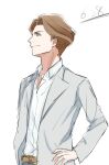  andrew_hanbridge arms_at_sides belt blue_pants brown_belt brown_hair cowboy_shot green_eyes grey_shirt hair_intakes hand_on_hip lapels little_witch_academia notched_lapels pants rmy-nh shirt simple_background smile standing white_background white_shirt 