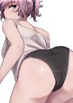  1girl absurdres aoba_(kancolle) ass black_panties black_scrunchie blue_eyes cowboy_shot highres ikadamo kantai_collection leaning_forward looking_at_viewer looking_back messy_hair panties purple_hair scrunchie simple_background solo strap_slip tank_top underwear white_background white_tank_top 