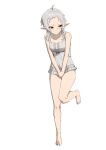  1girl absurdres bare_legs barefoot breasts closed_mouth covering covering_crotch dress forehead full_body grey_dress grey_hair highres leg_up mushoku_tensei pointy_ears q_haoyu red_eyes short_dress simple_background small_breasts solo standing standing_on_one_leg sylphiette_(mushoku_tensei) tiptoes white_background 
