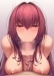  1boy 1girl :&gt;= blush breasts fate/grand_order fate_(series) fellatio highres large_breasts long_hair looking_at_viewer lun7732 motion_lines nipples nude oral penis purple_hair red_eyes scathach_(fate) solo_focus sweat veins veiny_penis 