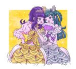  2girls :d blue_eyes blunt_bangs bow bubble_skirt cropped_legs cropped_shirt face-to-face feather_boa feather_hair_ornament feathers green_hair hair_ornament hanazono_shuuka hand_fan hand_on_own_hip hand_up heads_together holding holding_fan idol_time_pripara long_hair looking_at_another midriff multiple_girls one_eye_closed open_mouth ponytail pretty_(series) pripara purple_eyes purple_hair rituyama1 shirt skirt smile standing tiara tsukikawa_chiri two_side_up white_bow white_skirt yellow_bow yellow_shirt yellow_skirt 