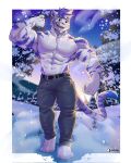  abs anjing_kampuss anthro belt biceps biped clothed clothing dipstick_tail eyebrows felid fingers fur green_eyes hi_res looking_at_viewer male mammal markings muscular muscular_anthro muscular_male open_mouth open_smile pantherine pecs plant smile smiling_at_viewer snow snowing solo striped_body striped_fur stripes tail tail_markings tiger topless topless_anthro topless_male tree 