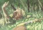  1boy absurdres belt blonde_hair blue_eyes brown_belt day grass green_headwear green_tunic hat highres link medium_hair on_grass on_ground outdoors pointy_ears shrub_mtg solo sword the_legend_of_zelda upper_body weapon 