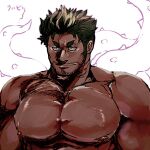  1boy bara beard_stubble dagon_(housamo) dark-skinned_male dark_skin fins fish_boy grey_hair large_pectorals long_sideburns looking_at_viewer male_focus mature_male muscular muscular_male mustache_stubble nipples noramoso nude pectorals short_hair sideburns slit_pupils smile solo tentacles thick_eyebrows tokyo_afterschool_summoners translation_request upper_body v-shaped_eyebrows white_background 