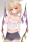  1girl absurdres alternate_costume black_shorts blonde_hair blush breasts camisole collarbone crystal dolphin_shorts flandre_scarlet haruki_(colorful_macaron) highres looking_at_viewer midriff navel one_side_up shorts side_slit small_breasts solo strap_slip touhou white_camisole wings 