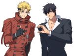  2boys akisyake23 black_eyes black_hair black_jacket blonde_hair blue_eyes closed_mouth coat collarbone collared_shirt cowboy_shot earrings hand_up heart_hands_failure highres jacket jewelry long_sleeves male_focus mole mole_under_eye multicolored_hair multiple_boys nicholas_d._wolfwood pectoral_cleavage pectorals red_coat shirt short_hair simple_background single_earring smile standing thumbs_up trigun two-tone_hair vash_the_stampede white_background white_shirt 