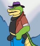  2023 5_fingers alex_yeena_(artist) alligator alligatorid anthro bottomwear brok_(character) brok_the_investigator bulge butt clothing crocodilian fingers green_body hat headgear headwear hi_res male meme pants reptile scalie shirt slightly_chubby solo tight_pants_(meme) topwear 