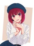  1girl absurdres arima_kana beret blue_headwear blush bob_cut border collared_shirt hat highres inverted_bob looking_at_viewer open_mouth oshi_no_ko own_hands_together piroaki red_eyes red_hair shirt short_hair simple_background smile solo white_border white_shirt 