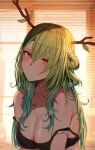  1girl antlers blush braid branch breasts ceres_fauna cleavage flower green_hair hair_ornament highres hololive hololive_english kotodekun large_breasts lingerie long_hair looking_at_viewer mole mole_under_eye multicolored_hair smile solo streaked_hair underwear virtual_youtuber yellow_eyes 