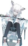  1girl absurdres animal_ears arknights ay4_la black_pantyhose collar fang gloves grey_eyes highres jacket looking_at_viewer medium_hair open_clothes pantyhose shoes shopping_cart sitting skin_fang sneakers solo staff sussurro_(arknights) white_gloves white_hair 
