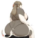  accessory anthro big_breasts big_butt biped black_body black_fur bovid bovine braided_hair breasts brown_hair butt butt_shot cattle chubby_anthro chubby_female clothed clothing curvy_figure female fur furgonomics gloves_(marking) hair hi_res horizontal_pupils horn kemono long_hair looking_at_viewer looking_back low-angle_view mammal markings multicolored_body multicolored_fur nakamura open_mouth open_smile orange_eyes pink_nose pupils rear_view red_eyes ribbons side_boob simple_background sitting skimpy smile solo tail tail_accessory tail_ribbon tail_tuft tuft two_tone_body two_tone_fur voluptuous white_background white_body white_fur 