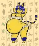  2022 animal_crossing ankha_(animal_crossing) anthro blue_hair chubby_female deep_navel egyptian_headdress female fur hair hands_behind_head hi_res isabelly jiggling looking_at_viewer navel navel_piercing nintendo piercing solo stuffing yellow_body yellow_fur 