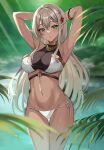  1girl armpits arms_behind_head arms_up bare_shoulders bikini blush braid breasts dark-skinned_female dark_elf dark_skin elf green_eyes grey_hair harimoji highres large_breasts long_hair looking_at_viewer original palm_leaf pointy_ears sidelocks solo swimsuit thighs wading water wet white_bikini 