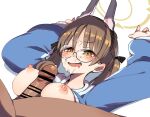  1boy 1girl animal_ears blue_archive blush breasts brown_hair cum erection facial fake_animal_ears glasses halo hetero highres large_breasts long_hair long_sleeves moe_(blue_archive) moe_(swimsuit)_(blue_archive) nipples open_mouth osimder paizuri penis rabbit_ears round_eyewear solo_focus twintails yellow_eyes 
