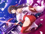  1girl architecture brown_eyes brown_hair crossover east_asian_architecture facing_away falling_petals headband holding holding_sword holding_weapon japanese_clothes katana long_hair long_skirt looking_at_viewer looking_back miko night official_art outdoors petals queen&#039;s_blade red_headband red_skirt sandals senran_kagura senran_kagura_new_link shirt skirt socks solo squatting sword tomoe_(queen&#039;s_blade) torn_clothes torn_shirt torn_skirt weapon white_shirt white_socks 