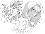  2boys absurdres ascot avatar_(project_sekai) bow brooch commentary earrings greyscale hat hat_bow highres hood hood_up hoshi-toge itunes_card jewelry kamishiro_rui kono_matsuri_ni_yuuyami_iro_mo_(project_sekai) looking_at_viewer male_focus monochrome multiple_boys parted_lips portrait project_sekai shinonome_akito simple_background smile sparkle top_hat 