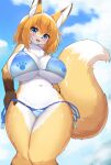  2023 anthro big_breasts bikini blonde_hair blue_eyes blush breasts brown_body brown_fur canid canine chest_tuft cleavage clothed clothing cute_fangs digital_media_(artwork) dipstick_ears dipstick_tail female female_anthro fluffy fox fox_next_door_(horokusa) fur hair hi_res horokusa0519 kemono looking_at_viewer low-angle_view mammal markings multicolored_body multicolored_ears multicolored_fur multicolored_tail open_mouth short_hair solo swimwear tail tail_markings tongue tuft white_body white_fur yellow_body yellow_fur 