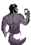  2023 anthro back_muscles beard biceps canid canine canis cellphone digital_media_(artwork) eyebrows facial_hair fur grey_body grey_fur hair hi_res huskyrelic male mammal muscular muscular_anthro muscular_male phone selfie simple_background sketch smartphone smile solo white_background wolf 