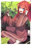  +_+ 1girl absurdres ahoge autumn blue_eyes blush drooling food go-toubun_no_hanayome hair_between_eyes hair_ornament highres holding holding_food jacket long_hair nakano_itsuki open_mouth outdoors pants red_hair red_jacket red_pants sitting solo star_(symbol) star_hair_ornament tamago_sando track_jacket track_pants track_suit wariza white_footwear 