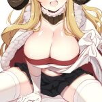  1girl :d anila_(granblue_fantasy) black_skirt blonde_hair breasts cape cleavage close-up clothes_lift collarbone commentary detached_collar draph fur-trimmed_cape fur_trim gloves granblue_fantasy head_out_of_frame horns large_breasts lifted_by_self long_hair ma_ma_gobu miniskirt open_mouth pelvic_curtain pelvic_curtain_lift pleated_skirt simple_background sitting skirt smile solo stomach thighhighs white_background white_gloves white_thighhighs zettai_ryouiki 