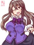  1girl artist_logo ashigara_(kancolle) breasts brown_eyes brown_hair collared_shirt cosplay fang gochuumon_wa_usagi_desu_ka? hairband holding holding_clothes holding_skirt kanon_(kurogane_knights) kantai_collection large_breasts long_hair one-hour_drawing_challenge one_eye_closed open_mouth rabbit_house_uniform shirt simple_background skirt smile solo tedeza_rize tedeza_rize_(cosplay) upper_body vest wavy_hair white_background white_hairband white_shirt 