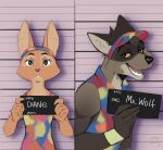  2023 5_fingers absurd_res anthro athletic barbie_and_ken_mugshot_meme canid canine canis clothed clothing diane_foxington digital_media_(artwork) dreamworks duo emotional emotions female fingers fox fur hair hi_res holding_object holding_sign invalid_tag jail_placard lazychaek looking_at_viewer male mammal meme mr._wolf_(the_bad_guys) mugshot number sign solo the_bad_guys topwear wolf 