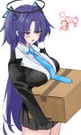  1girl 1other arona&#039;s_sensei_doodle_(blue_archive) black_gloves black_jacket black_skirt blazer blue_archive blush box breast_rest breasts breath cardboard_box gloves halo highres holding holding_box jacket large_breasts long_hair pleated_skirt purple_eyes purple_hair sensei_(blue_archive) simple_background skirt solo_focus sweat tokyo_big_sight tsumayouji_(tumayog) two_side_up very_long_hair white_background yuuka_(blue_archive) 