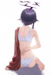  1girl artist_name ass back barefoot blue_archive bra feet from_behind halo haruka_(blue_archive) highres panties purple_hair purple_halo rryiup short_hair signature simple_background soles solo toes underwear white_background white_bra white_panties 