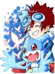  absurdres akamine_naoki brown_hair bug butterfly digimon digimon_(creature) fangs goggles goggles_on_head grin highres motomiya_daisuke open_mouth red_eyes short_hair smile teeth upper_body v-mon 