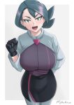  1girl :d black_gloves black_skirt border breasts clenched_hand commentary conia_(pokemon) cropped_jacket eyelashes gloves green_hair grey_background grey_eyes grey_jacket grey_pantyhose hand_up highres jacket large_breasts long_hair long_sleeves looking_at_viewer mekakris open_mouth pantyhose pokemon pokemon_(anime) pokemon_horizons purple_shirt shirt signature skirt smile solo teeth tongue upper_teeth_only white_border 