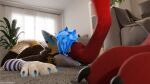  16:9 3d_(artwork) 4k absurd_res anthro blender_(software) blender_cycles canid canine claws clothing digital_media_(artwork) dominant dragonplayer duo feet foot_fetish foot_on_face foot_on_head foot_play fox fur furniture grin hair hi_res hindpaw inside laying_on_ground living_room lying mammal on_front on_ground paw_on_face paw_on_head pawpads paws rexouium size_difference smile step_pose stepped_on stepping_on_face submissive tail toe_claws toes widescreen worship 